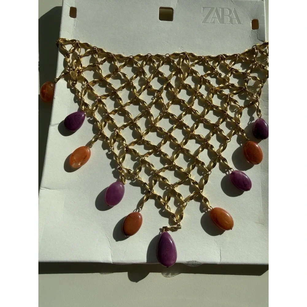 Zara Mesh Net Bib‎ Gold Necklace Resin Beads Bohemian Resort